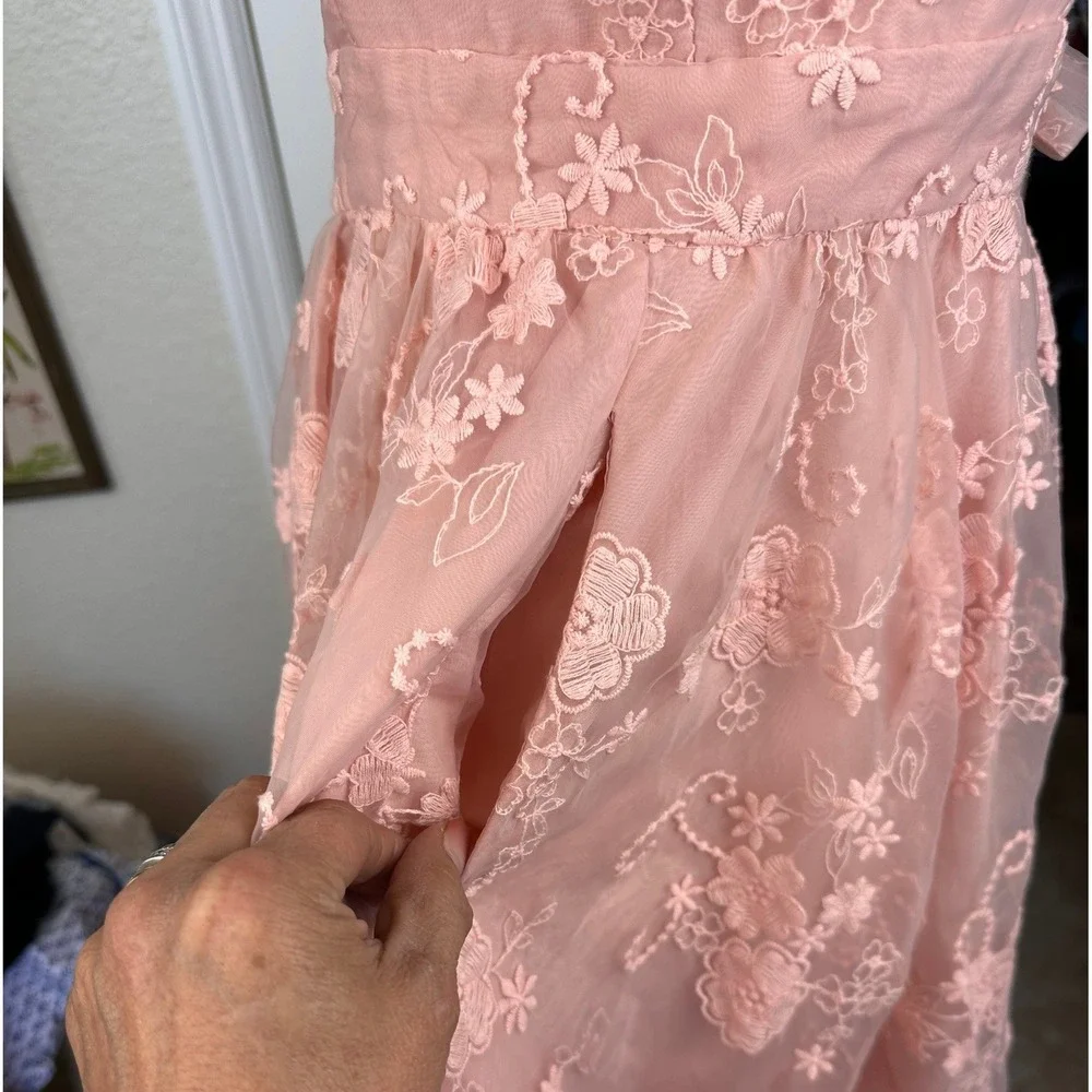 Fehaute SZ6 Pink Floral Lace Midi Dress Wrap V-Neck Sleeveless Pockets lined Bow